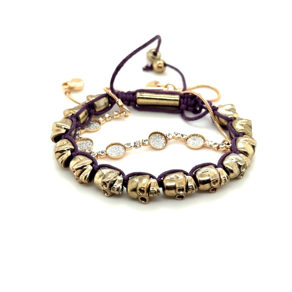 Set of 2 Gold Tone Skull Purple Cord and Pave Charm Adjustable Bracelets
